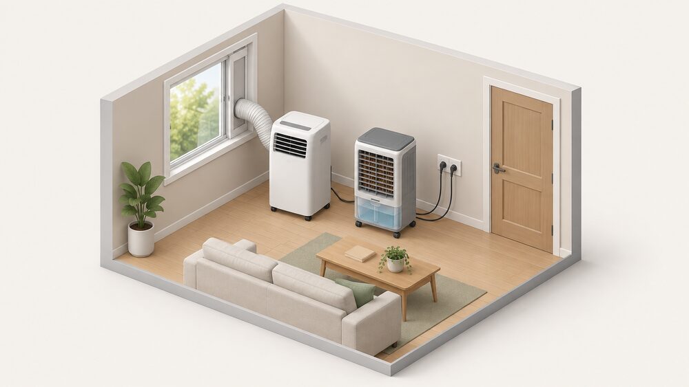 A wheeled portable air conditioner with its exhaust hose running to a partly open window sash stands beside a wheeled evaporative cooler with a visible water tank and water-soaked pad, both plugged into a wall socket in a room with the door closed.