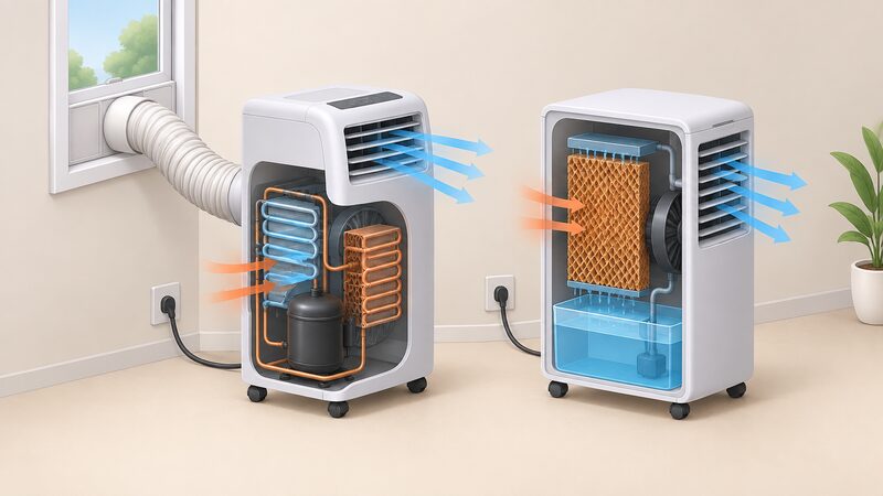 A cutaway diagram showing two portable cooling units side by side: one with a refrigeration circuit of compressor, evaporator coil and condenser connected to an exhaust hose running out of a window, the other with a water tank feeding a wet pad that air passes through.