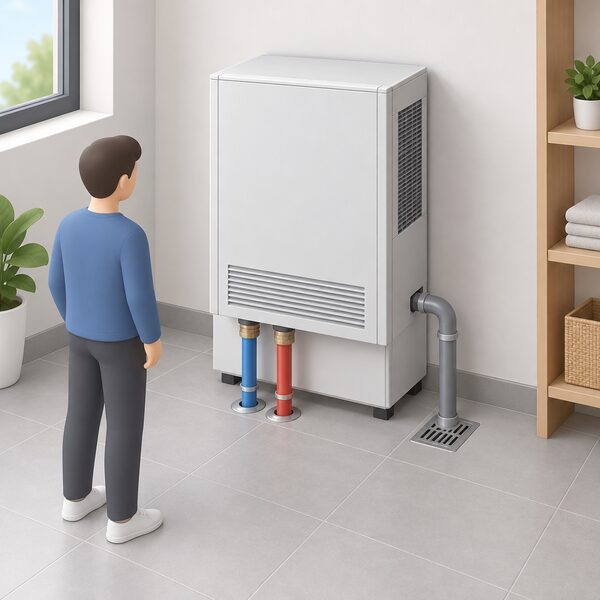 A compact self-contained water-cooled cooling unit standing against the wall of a domestic room, with supply and return water pipes rising from the floor into its base and a separate drainage pipe running down to a floor drain, with no external condenser anywhere in the scene.