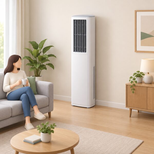 A slim, self-contained floor-standing cooling unit stands against a wall inside a simply furnished room, with the visible wall and floor around it entirely free of any outdoor condenser, external box or refrigerant pipework, showing that the whole unit is contained indoors.