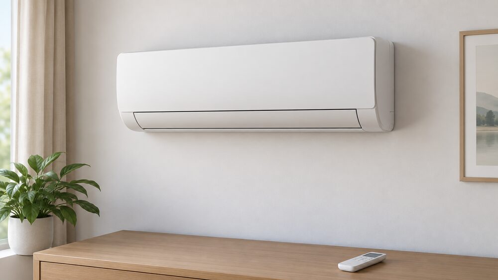 A slim, low-profile self-contained wall-mounted air conditioning unit fixed high on an interior room wall, shown close up with no outdoor condenser anywhere, its casing intact and a small remote control resting on a nearby surface.