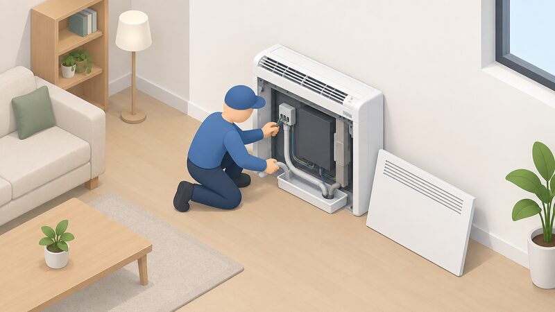 A simplified installer figure kneels beside a self-contained air conditioning unit inside a flat with its casing panel removed, connecting an electrical cable and a condensate drain pipe, with no outdoor unit or pipework through the wall anywhere in the scene.