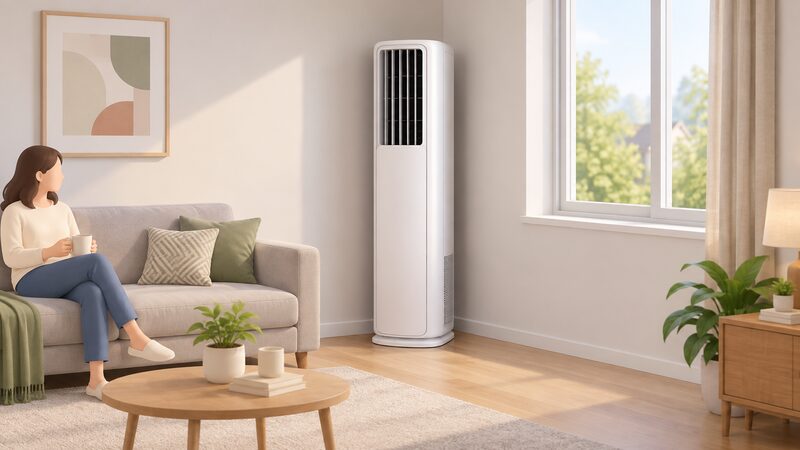 A tall white floor-standing Vision Verticool air conditioning unit standing in the corner of a domestic living room, with a sofa and window nearby and no outdoor unit or pipework shown, illustrating its self-contained design for rooms with limited wall space.