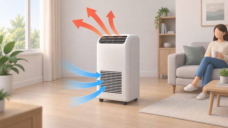 A cutaway diagram of a single self-contained air conditioning unit standing inside a room, with plain arrows showing heat being drawn from the room air into the unit and rejected back into the same indoor space, with no outdoor condenser or external pipework anywhere in the scene.