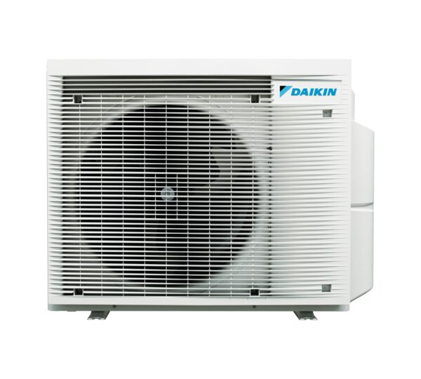 A white Daikin outdoor air conditioning unit with a large fan grille, shown on a plain white background