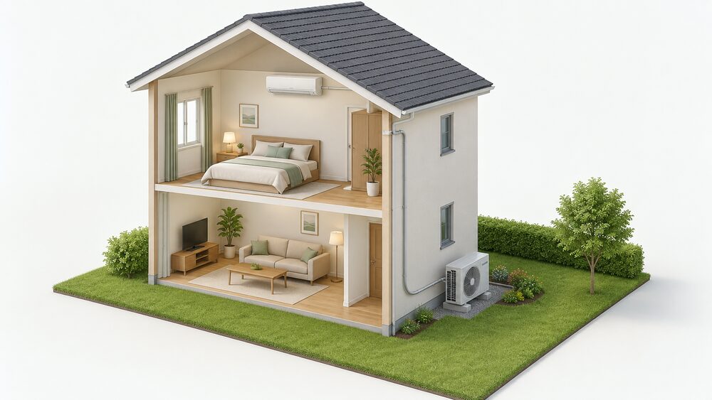 A cutaway of a house exterior wall showing a slim wall-mounted air conditioning indoor unit high on the bedroom wall inside, connected by a refrigerant pipe through the wall to an outdoor compressor unit standing on the far side of that wall, away from the bedroom.