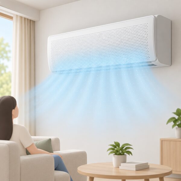 A close-up of a wall-mounted indoor air conditioning unit with its front panel covered in a fine grid of thousands of tiny micro-holes, shown in a cutaway view with cooled air seeping gently and uniformly through the perforations into the room rather than jetting from a louvred outlet.