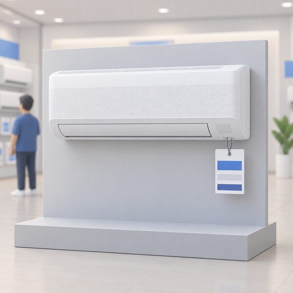 A white Samsung WindFree high wall air conditioning unit shown as a product for sale, mounted on a plain display stand in a retail setting, with a blank price tag attached showing only plain colour bands where the figures would be.