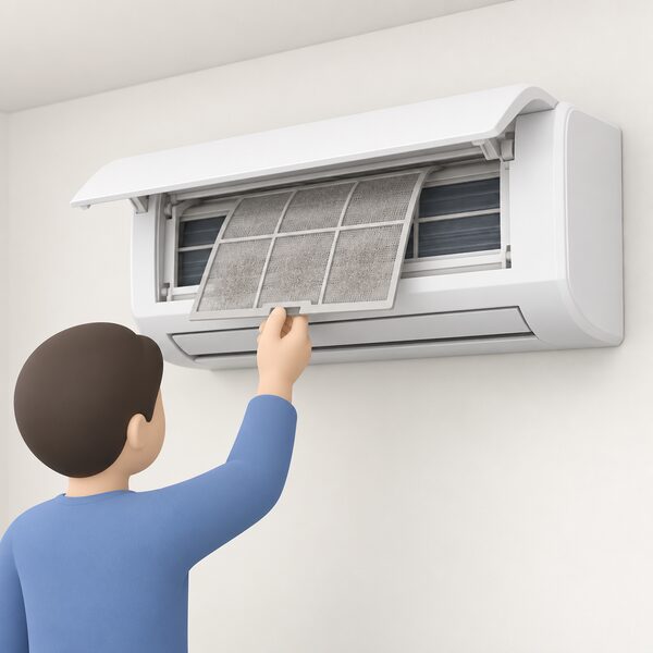 A high wall-mounted indoor air conditioning unit with its front panel open and a flat mesh filter slid partly out, held by a simplified figure's hand for cleaning, with a light dust layer shown on the filter surface.