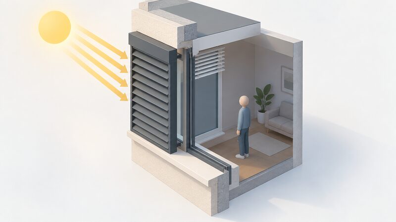 A cutaway view of a south facing window with a closed external louvred shutter mounted outside the glass blocking angled afternoon sun, while a small isometric figure stands inside the shaded room beside an internal blind left open at the window.