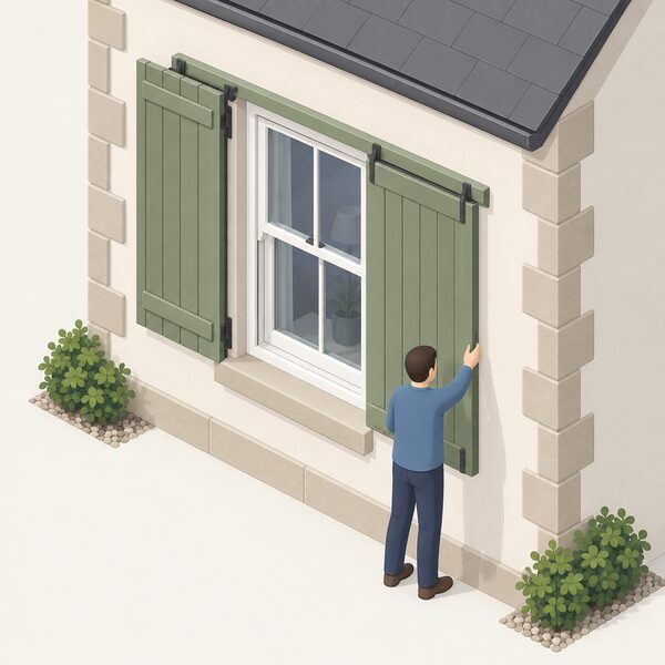 An isometric view of a house exterior wall showing a traditional sliding sash window with timber shutters mounted externally beside it, one shutter panel open and one closed over the glazing, with a simplified figure reaching to slide the closed panel along its side-hung track.