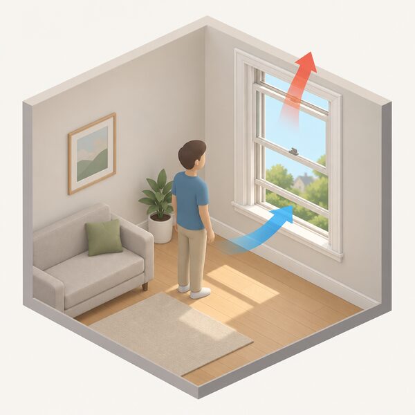 A cutaway room interior in hot weather showing a sash window with the lower sash slid up and the upper sash slid down, so cool air enters low and warm air escapes at the top, with a simple isometric figure standing beside it.