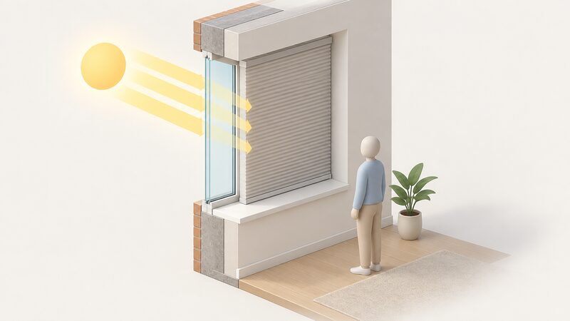 A cutaway interior view of a recessed window reveal with a thermal blind fully lowered and closed against bright daytime sun, sunlight shown passing through the glass and stopping at the blind, with a small simplified figure standing beside it.