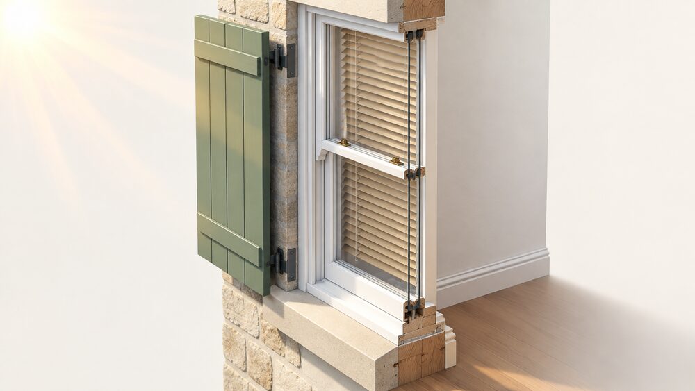 A close-up of a traditional sash window shown in cross-section through the wall, with a solid timber shutter fixed to the outside face of the glass blocking bright sunlight, and a slatted internal blind hanging on the room side behind the same glass.