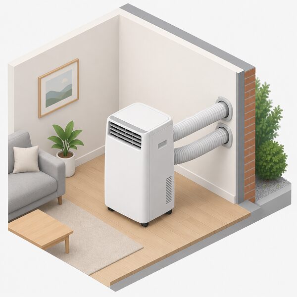 A twin duct portable air conditioning unit standing indoors near an exterior wall, with two separate ducts passing through the wall, one bringing fresh air in and one taking hot air out, the room otherwise sealed.