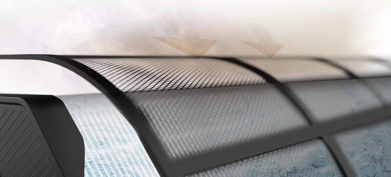 A close-up render of an air conditioner mesh filter with airflow arrows, from Hitachi's filter maintenance page