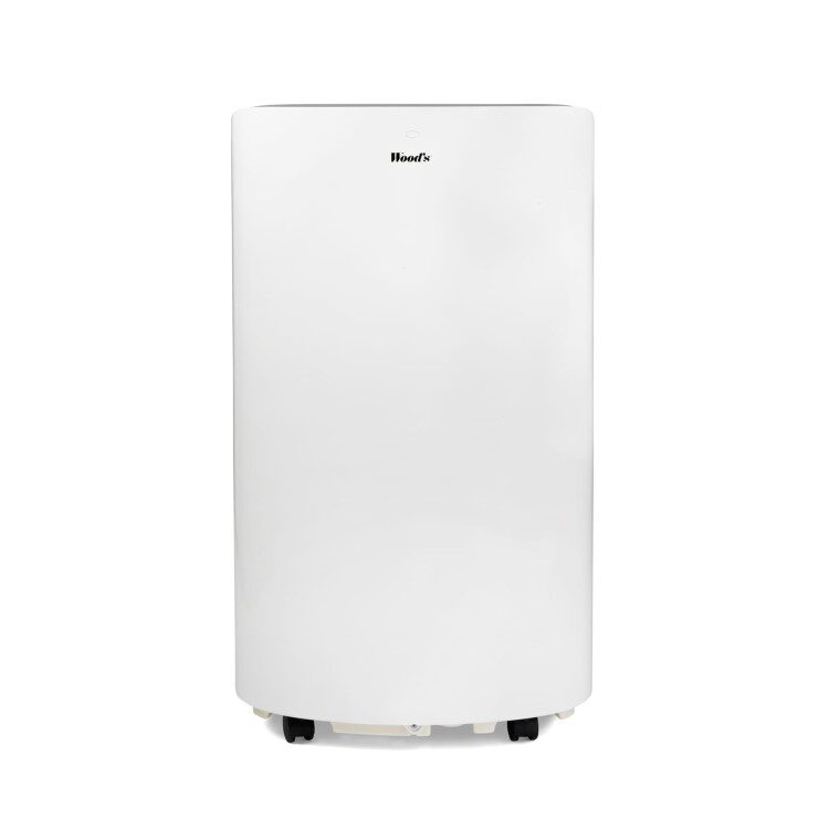 A white Wood's portable air conditioner unit on castors against a plain background
