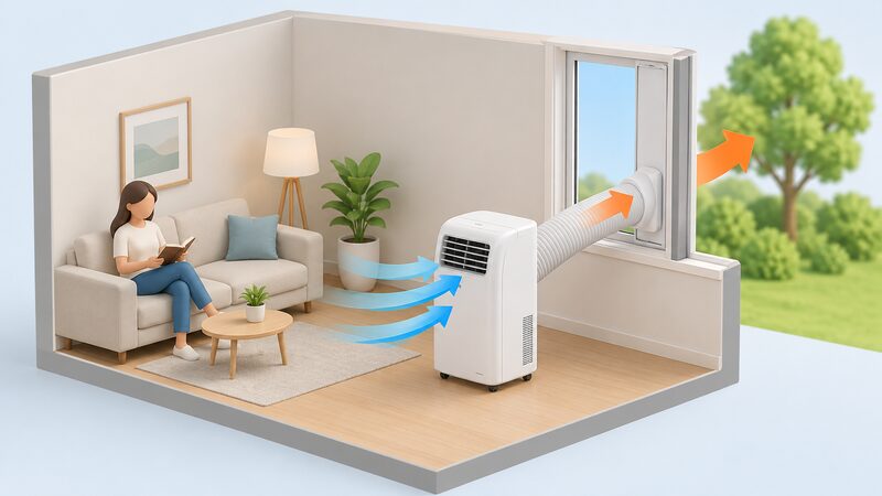 A cutaway room with a single-hose portable air conditioner on the floor, its one exhaust hose sealed to the window, with arrows showing cooled room air being drawn into the unit's intake and expelled through the hose outside.