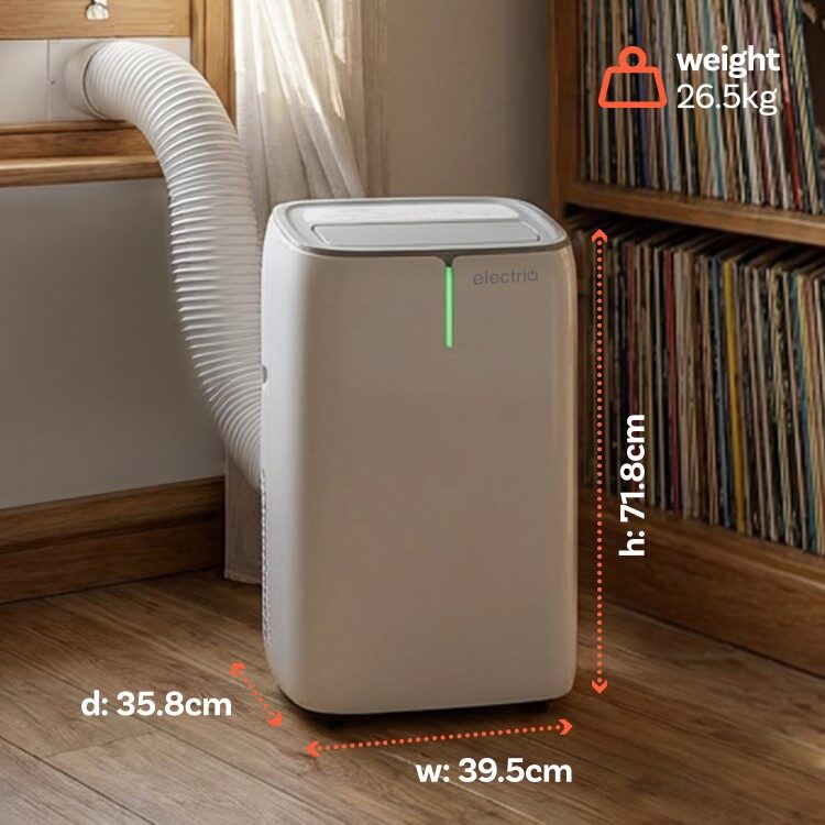 A white electriQ portable air conditioner with exhaust hose vented through a window, shown in a room with dimension and weight annotations overlaid