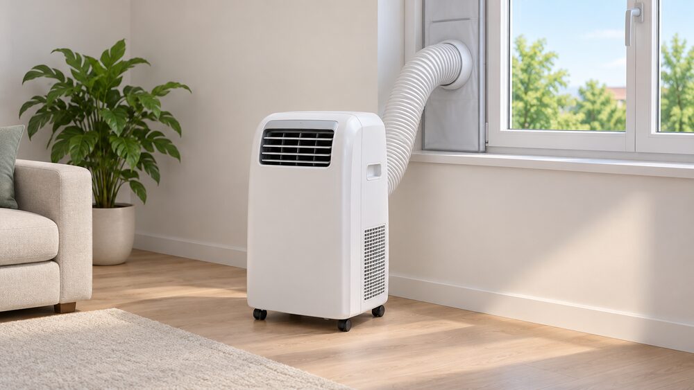 A close-up of a single-hose portable air conditioner on castors standing in a room, its one flexible exhaust hose running up to a window sealing kit fitted in the closed window frame, with the hose's warm air outlet pointing outside.