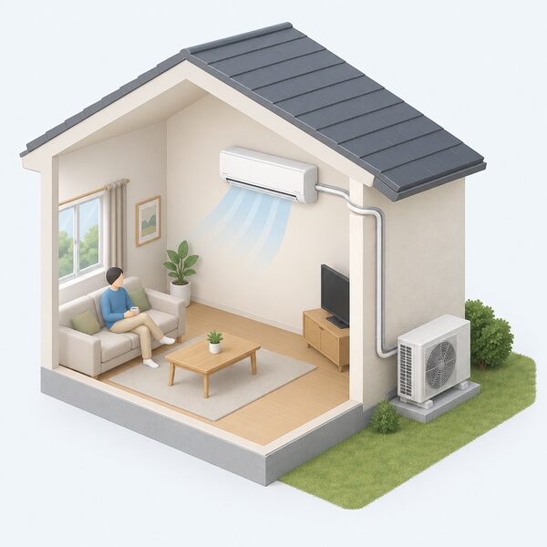 A cutaway view of one room in a house with a wall-mounted indoor air conditioning unit high on the wall, a refrigerant pipe running through the wall to an outdoor unit standing on the ground outside, with no other rooms shown as having units.