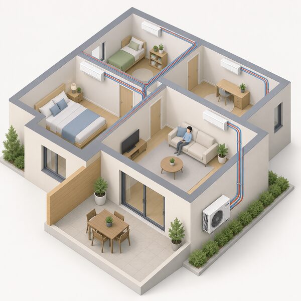 A cutaway home view showing one compact outdoor unit mounted on an exterior wall beside a terrace, with refrigerant pipework running up the wall to small indoor units high on the walls of several separate rooms inside.