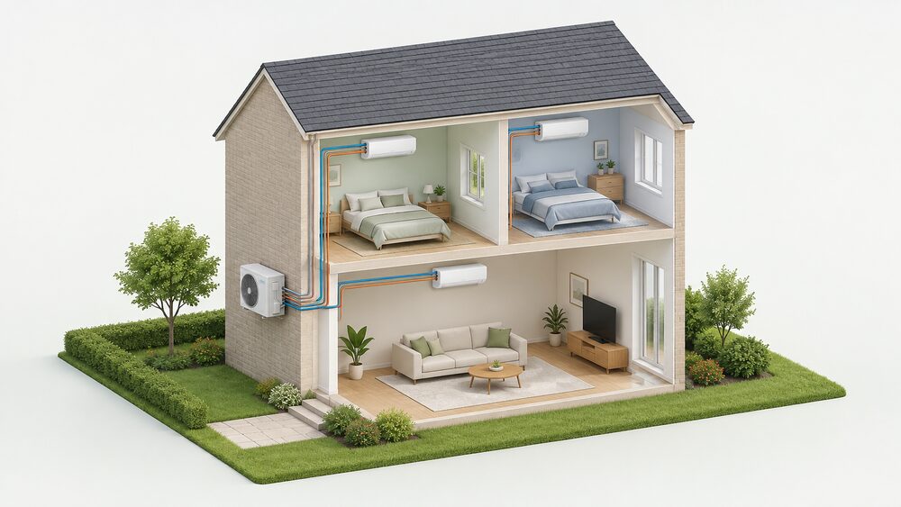 A cutaway of a small house showing one outdoor unit mounted on the outside wall, with refrigerant pipes running through the wall to wall-mounted indoor units in three separate rooms, each room having its own unit served by the single outdoor unit.