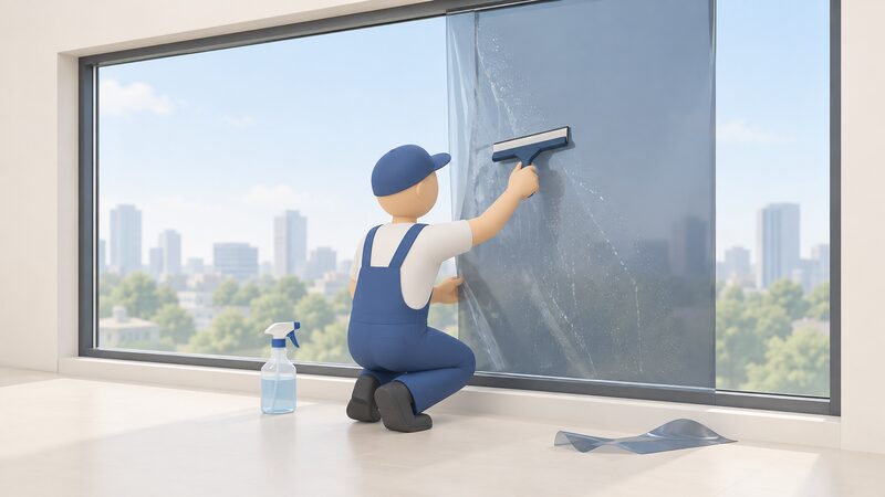 A simplified installer figure squeegees solar control film onto a large interior pane, the film partly laid with slip solution visible as a wet sheen between film and glass, a spray bottle and trimmed edge nearby.