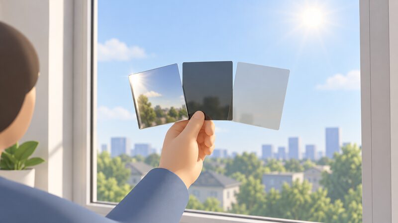 A hand holds three small film sample squares, one mirror-like reflective, one darkly tinted and one neutral ceramic, up against a sunlit window pane to compare their appearance side by side.