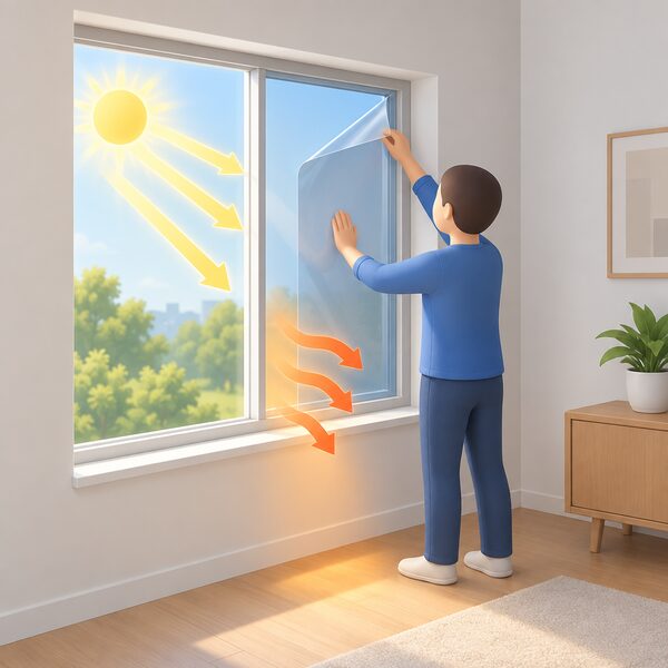 A sunlit window seen from inside a room, with a simplified figure applying solar control film to the inner face of the glass while sunlight rays fall on the glass from outside and some heat passes into the room.