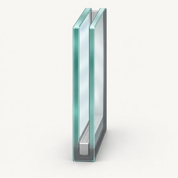 A close-up edge-on cross-section of a sealed double glazed unit standing upright, showing two bonded glass panes separated by a gas-filled cavity, with the spacer bar and edge sealant running around the perimeter where the panes meet.