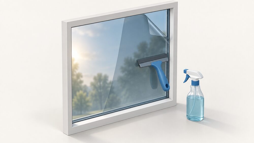 A close-up of a single window pane with solar control film being applied to its inner face, a squeegee smoothing the film and a spray bottle beside it, with the pane showing a slight reflective sheen.