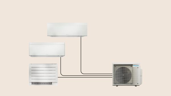 A Daikin multi-split air-to-air heat pump setup with one outdoor unit connected to three indoor units