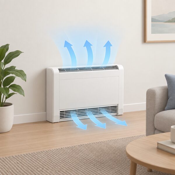 A low wall console air conditioning unit fitted at floor level against the skirting of a plain room, with cooling air shown leaving both its top and bottom vents into the space.