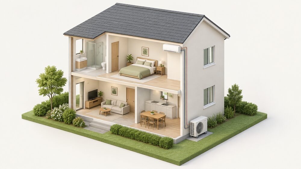A cutaway house showing one wall-mounted high-wall indoor air conditioning unit inside a room and one outdoor unit standing on the ground outside the same external wall, joined by small-bore refrigerant pipes, wiring and a condensate hose passing through the wall.