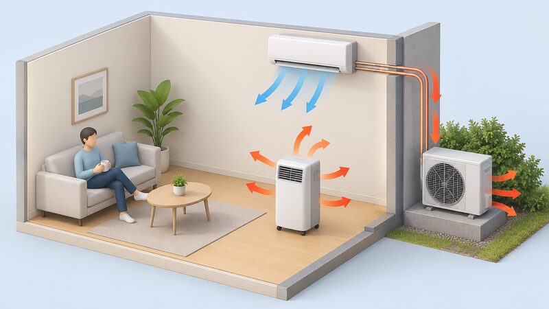 A cutaway room scene contrasting a wall-mounted split indoor unit piped through to an outdoor unit rejecting heat outside with a portable unit in the same room whose compressor and condenser coils radiate heat arrows back into the room.