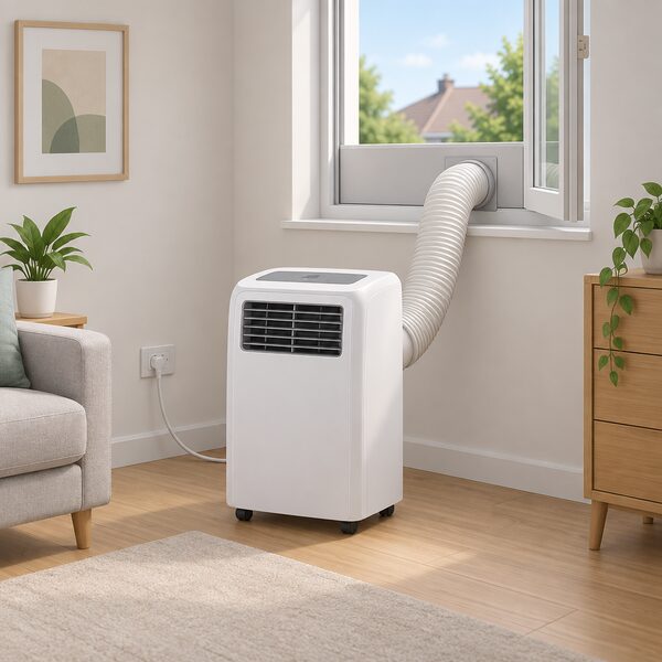 A portable air conditioning unit standing on the floor of a UK room, its flexible exhaust hose running up to a vent panel fitted in the open window frame, with its power lead reaching a normal wall socket, and no installer present.