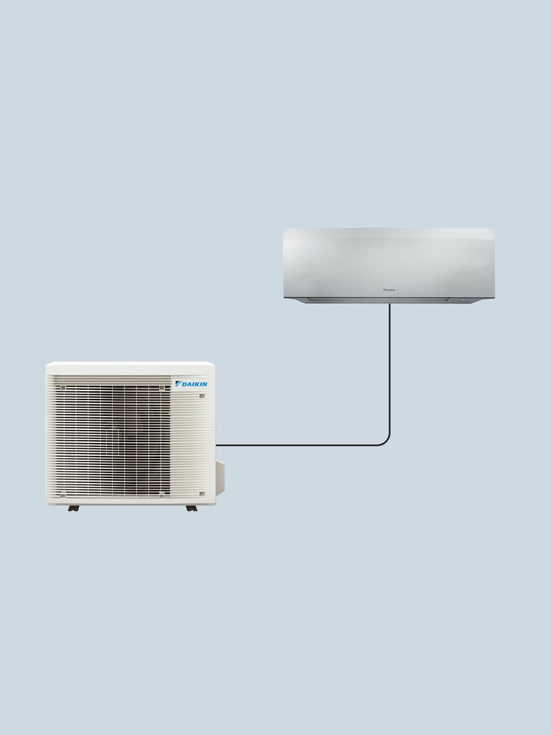 A Daikin split air conditioning system with an outdoor condenser unit connected to an indoor wall-mounted unit on a plain blue background