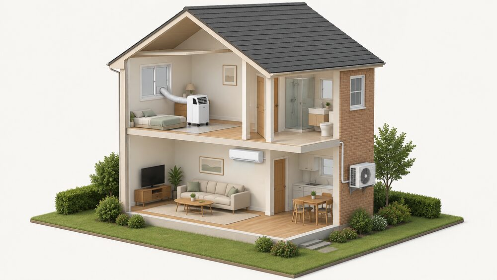 A cutaway house showing a split air conditioning system: a slim indoor unit high on a living room wall, a pipe running through the external wall to an outdoor unit on the outside wall, while a wheeled portable unit stands in another room with its flexible hose venting out of a closed window.
