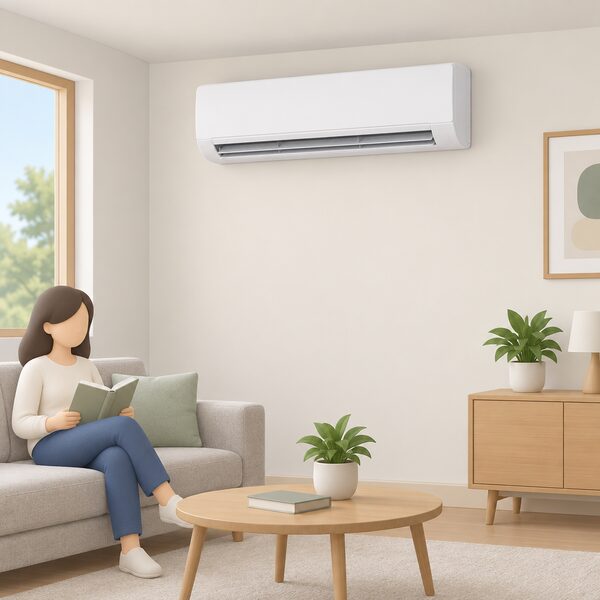 A single high-wall split indoor unit mounted high on an interior room wall of a simply drawn home room, shown as a slim white horizontal cassette-style high-wall unit near the ceiling with its louvered air outlet facing into the room, drawn clean and unbranded with no pipework or outdoor unit visible.