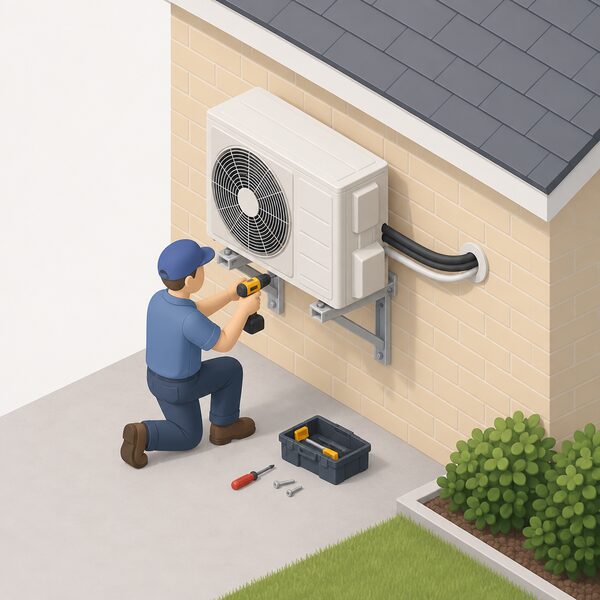 An approved installer in plain work clothing fits a split-system outdoor condenser unit on brackets against a house's outside wall, with an insulated refrigerant pipe run and a condensate drain pipe running from the unit through the wall, tools and a drill beside them.