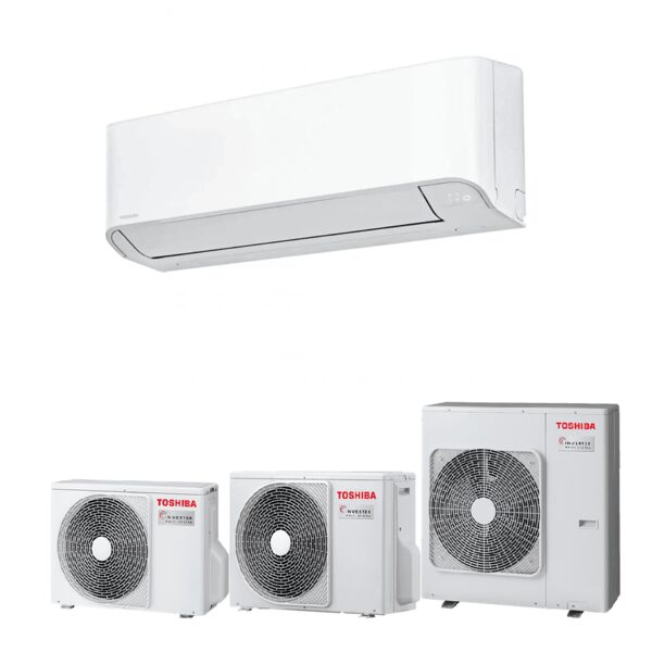 A Toshiba wall-mounted air conditioning indoor unit above three Toshiba multi-split inverter outdoor condenser units on a white background