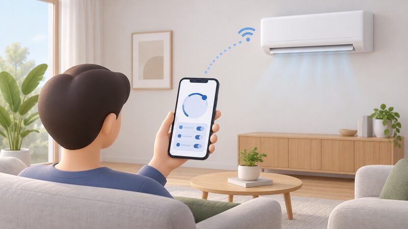 A hand holding a smartphone in a home living room showing the Toshiba Home AC Control app as a large plain temperature dial and a simple schedule block, with a wall-mounted indoor air conditioning unit nearby and a small Wi-Fi signal linking them.