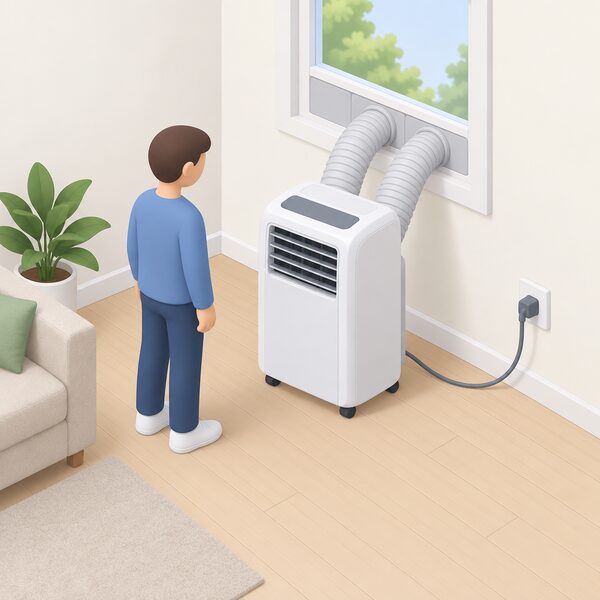 A portable twin duct air conditioning unit standing on the floor of a room, its flex running to a plug inserted in a standard household wall socket, with a small isometric figure beside it, showing it draws its power from the grid.