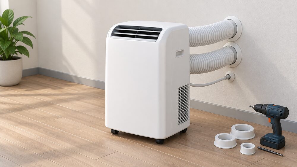 A white portable twin duct air conditioning unit standing on a floor close to an external wall, with two large ducts and one small condensate pipe passing through three holes in the wall to the outside, sealing fittings and a drill nearby.