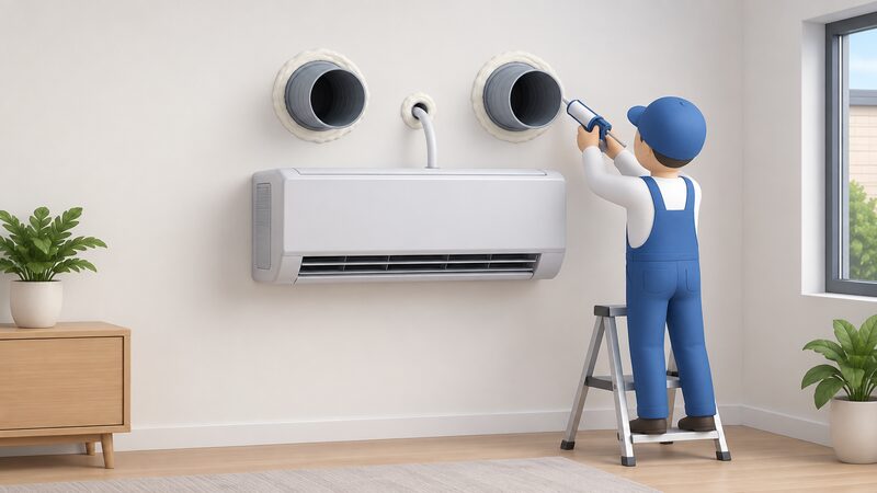 An interior wall with three drilled holes, two larger ones for air ducts and one small one for a condensate line, with the twin duct indoor unit mounted on the wall below the holes and a simplified figure sealing around the penetrations.