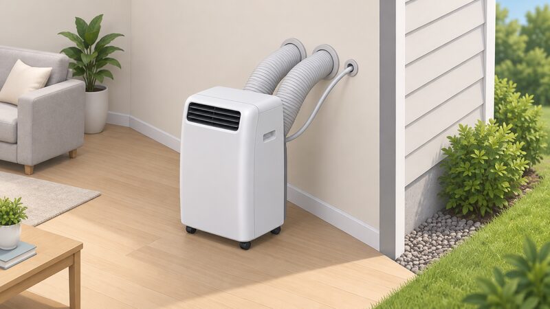 A portable twin duct air conditioning unit standing on the floor against an interior face of an exterior wall, with two large ducts and one small condensate line passing through three separate holes to the outside, with no window kit in sight.