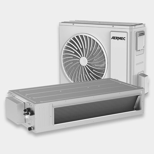 An Aermec split air conditioning / heat pump system with an outdoor fan unit and a ducted indoor unit on a plain background