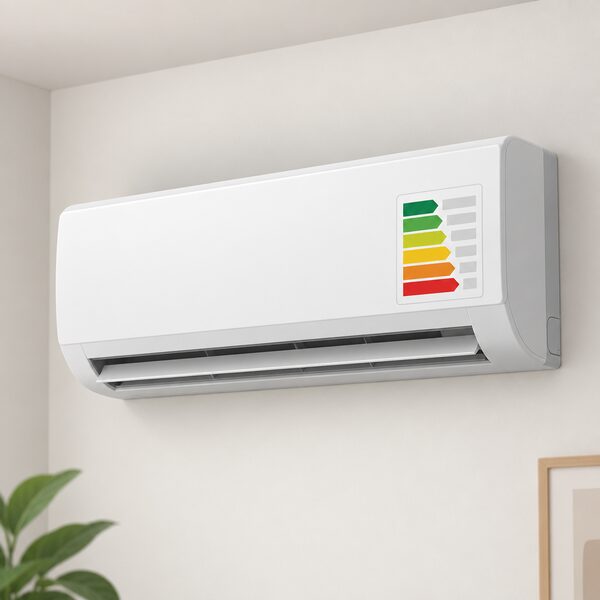 A wall-mounted split-system air conditioning indoor unit in a plain room, with an energy efficiency label stuck to its front face showing a rating class as plain colour bands with no readable text or numbers.