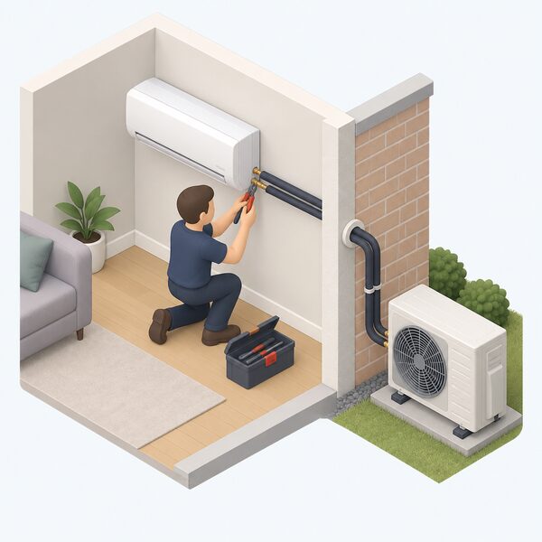 An F-Gas registered engineer in plain work clothes, shown as a simplified isometric figure, connecting insulated refrigerant pipework that runs through an exterior wall between a wall-mounted indoor unit inside the room and an outdoor condenser unit on the ground outside during a split-system installation.